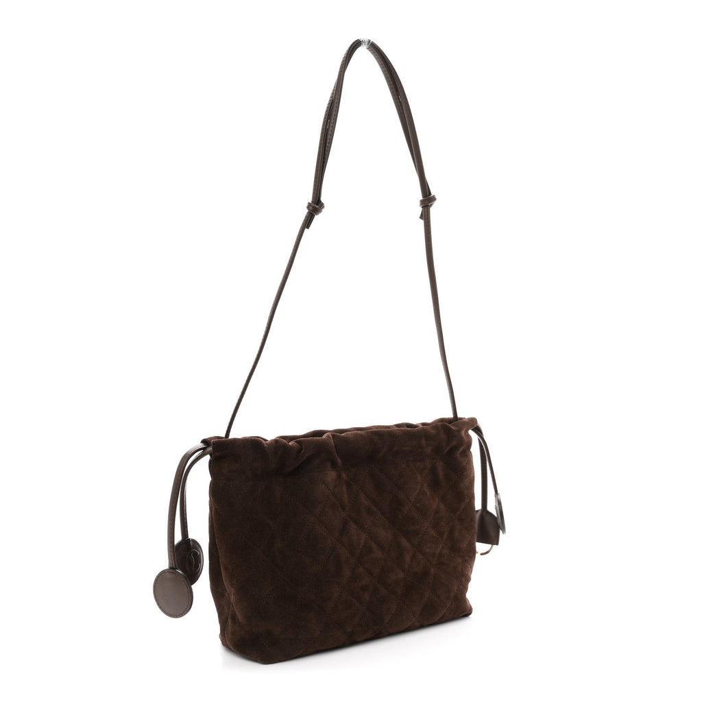 Suede Calfskin Lambskin Quilted Clutch With Strap Dark Brown