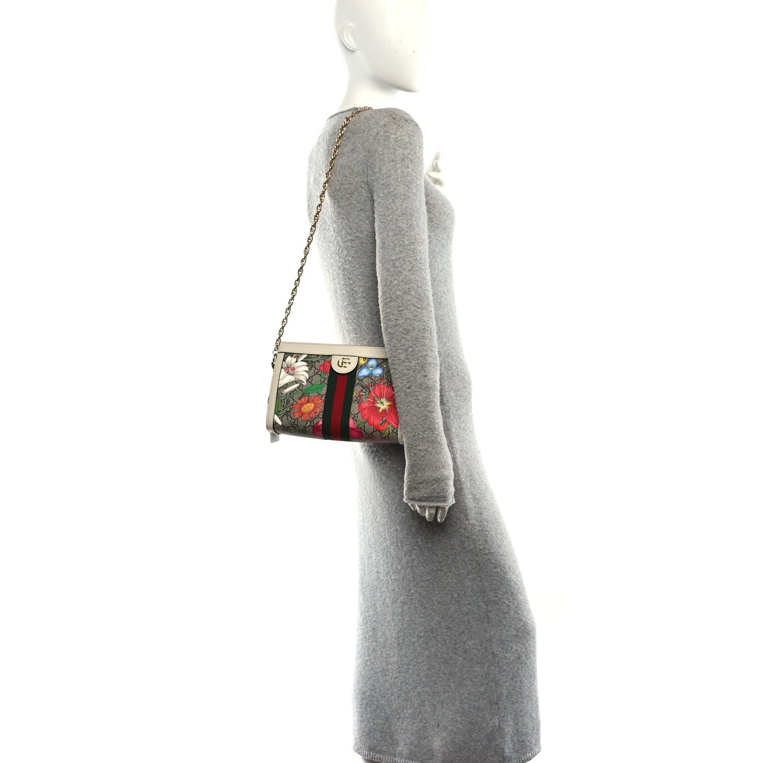 GG Supreme Monogram Flora Web Small Ophidia Chain Shoulder Bag White