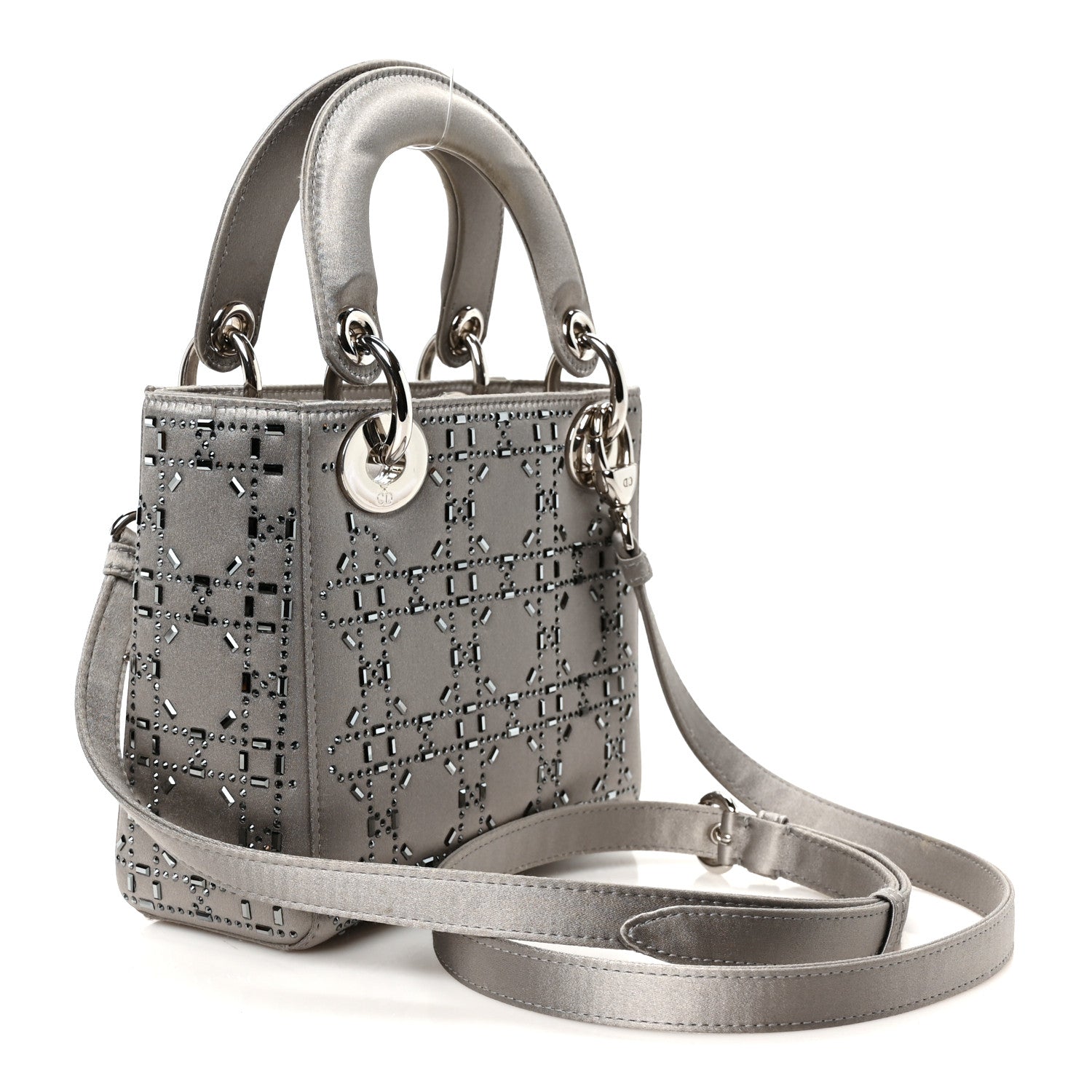 Satin Crystal Cannage Mini Lady Dior Gray