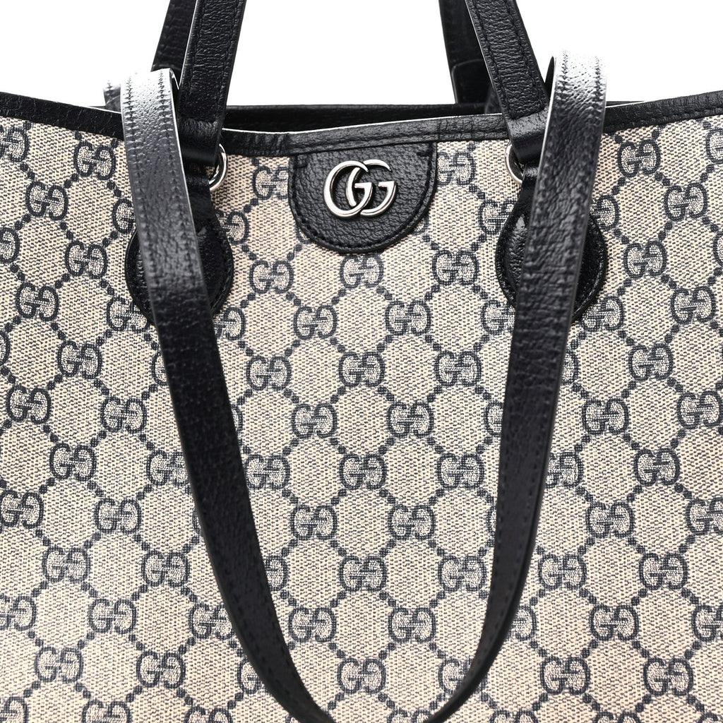 GG Supreme Monogram Textured Dollar Calfskin Medium Shoulder Tote Bag Beige Blue