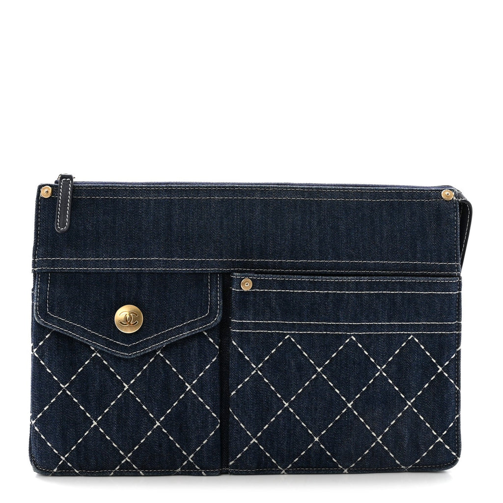 Denim Quilted Zipped Clutch Blue