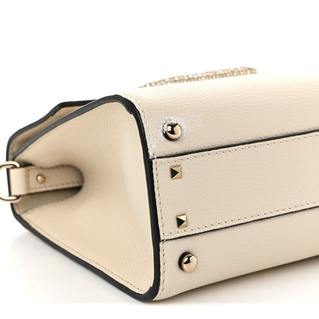 Grainy Calfskin Swarovski Crystal Embellished Small VSling Top Handle Bag Light Ivory