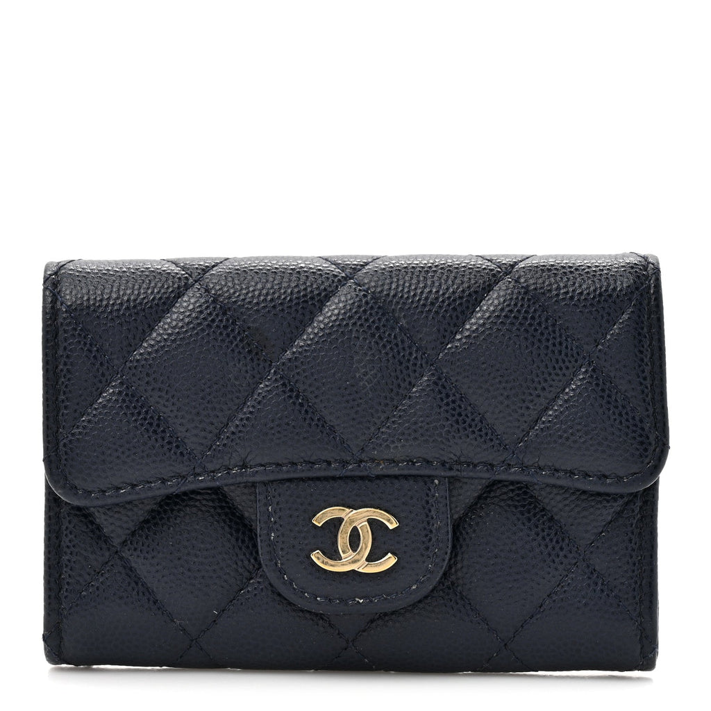 Caviar Quilted Flap Card Holder Wallet Navy Blue
