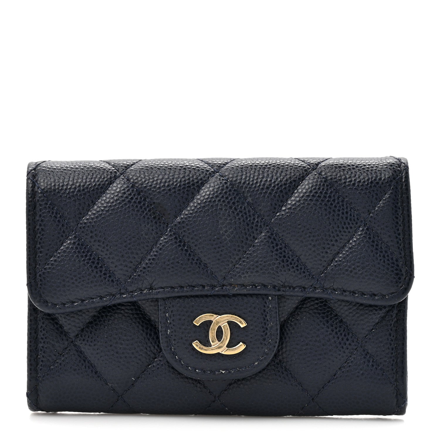Caviar Quilted Flap Card Holder Wallet Navy Blue