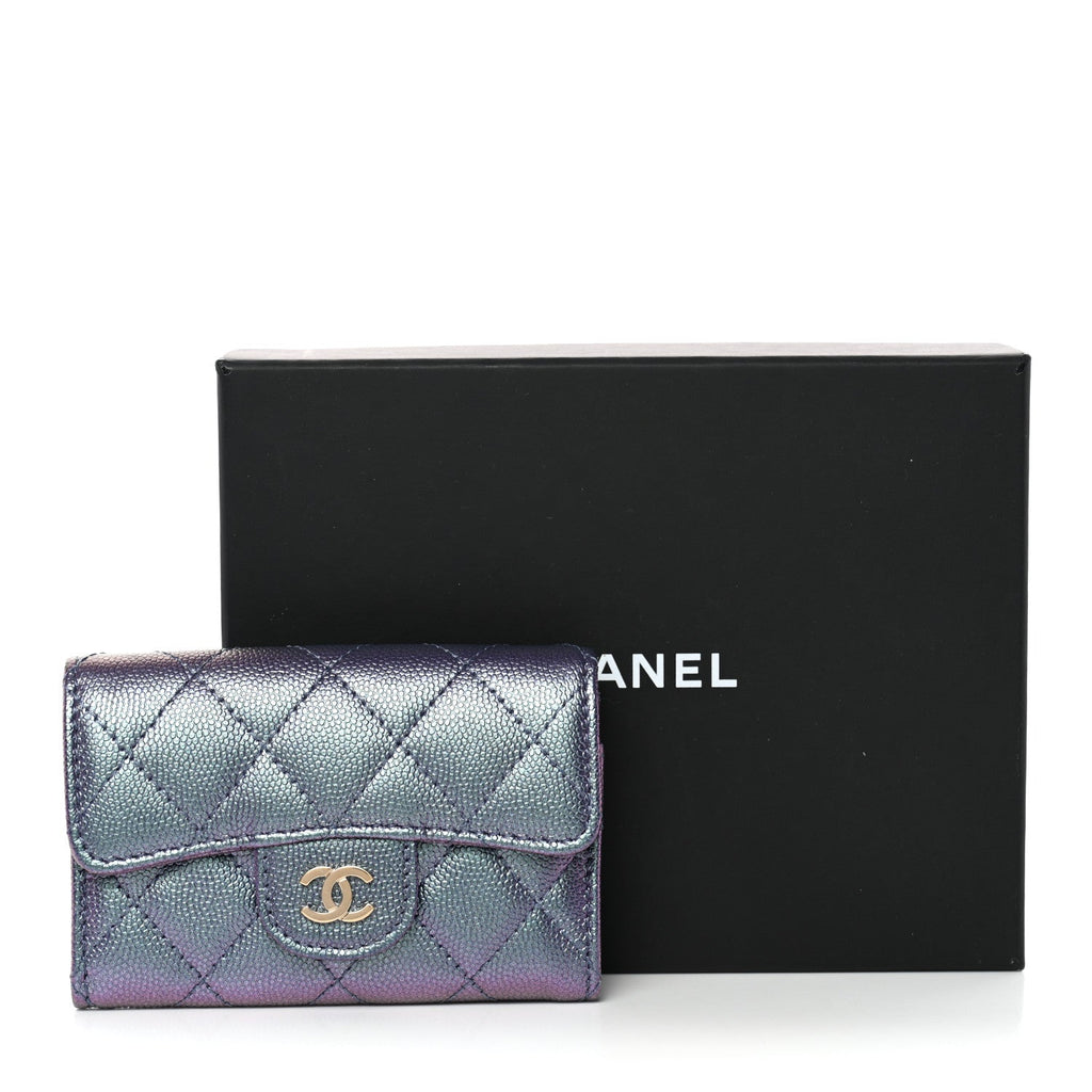 Iridescent Caviar Flap Quilted Card Holder Wallet Purple