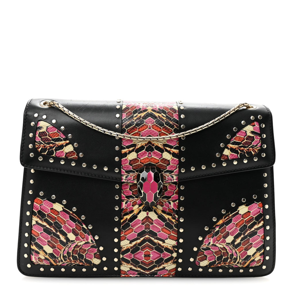 Calfskin Karung Studded Serpenti Forever Shoulder Bag Black Pink Multicolor