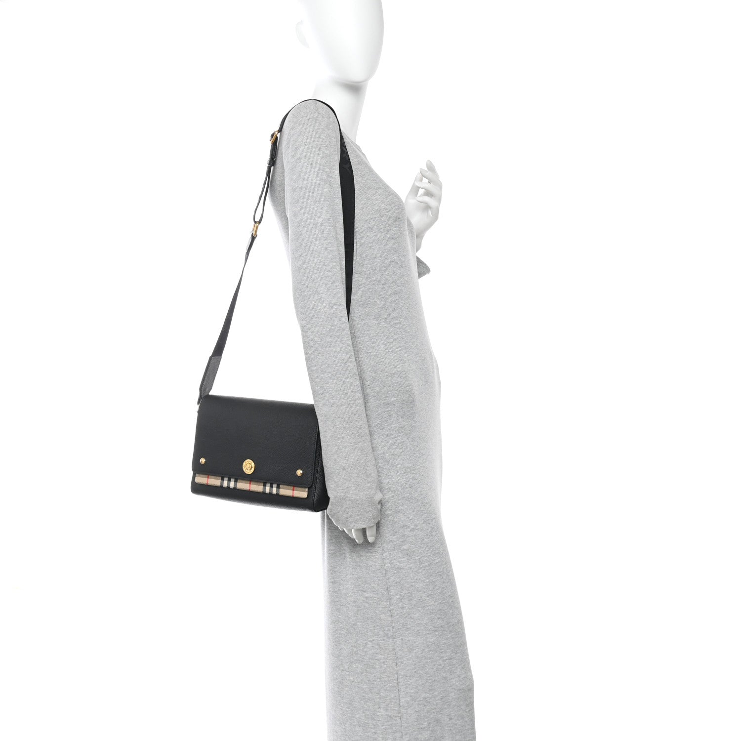 Coated Canvas Calfskin Vintage Check Medium Note Crossbody Bag Black