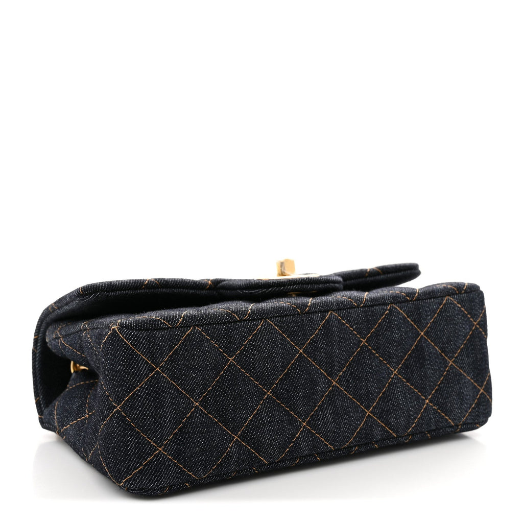 Denim Quilted Mini Rectangular Flap Dark Blue Orange
