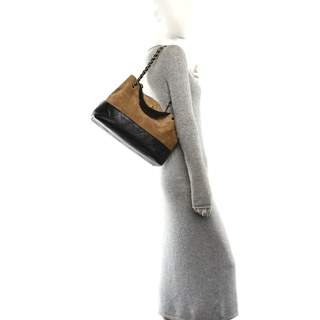 Suede Calfskin Shiny Lambskin Quilted Small Coco Base Shopping Bag Beige Black