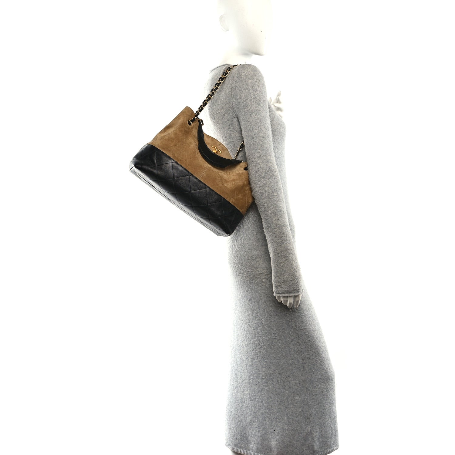 Suede Calfskin Shiny Lambskin Quilted Small Coco Base Shopping Bag Beige Black