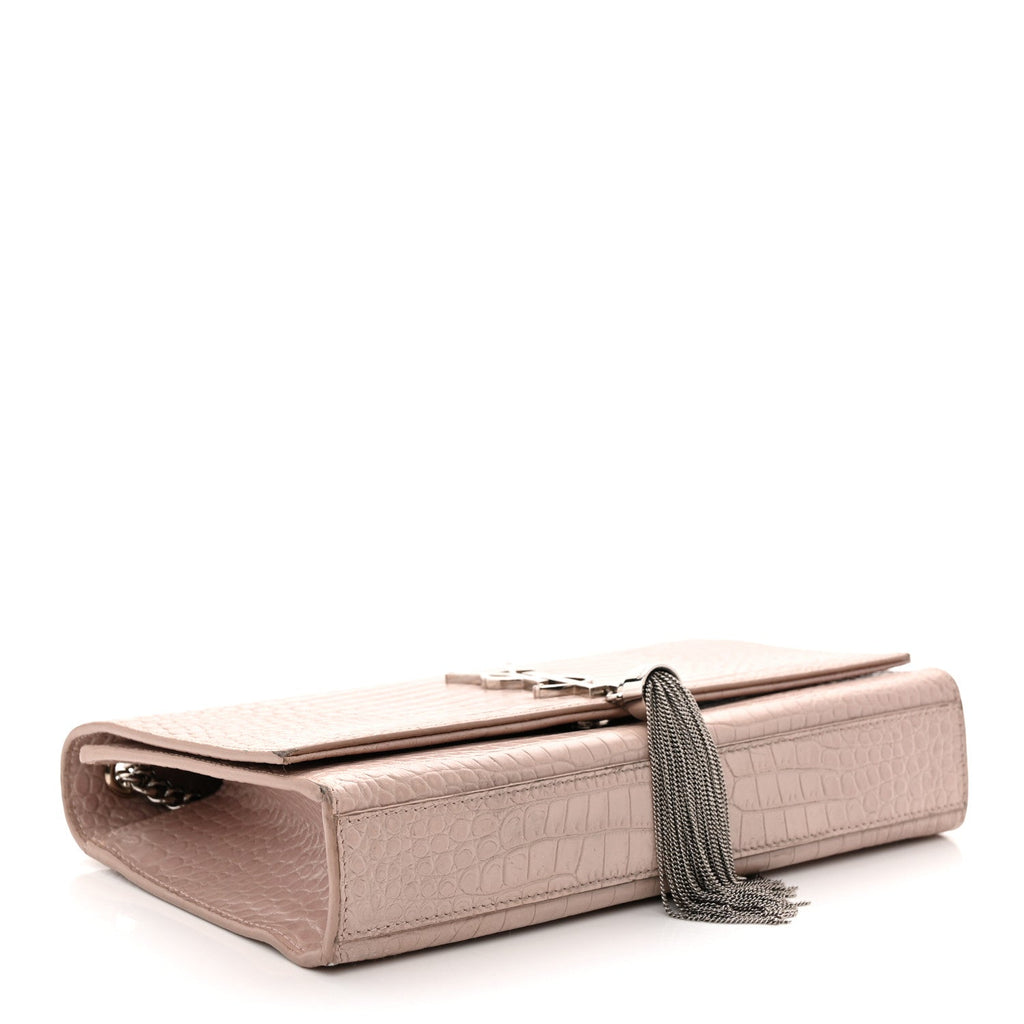 Calfskin Crocodile Embossed Medium Classic Monogram Kate Tassel Satchel Powder Pink