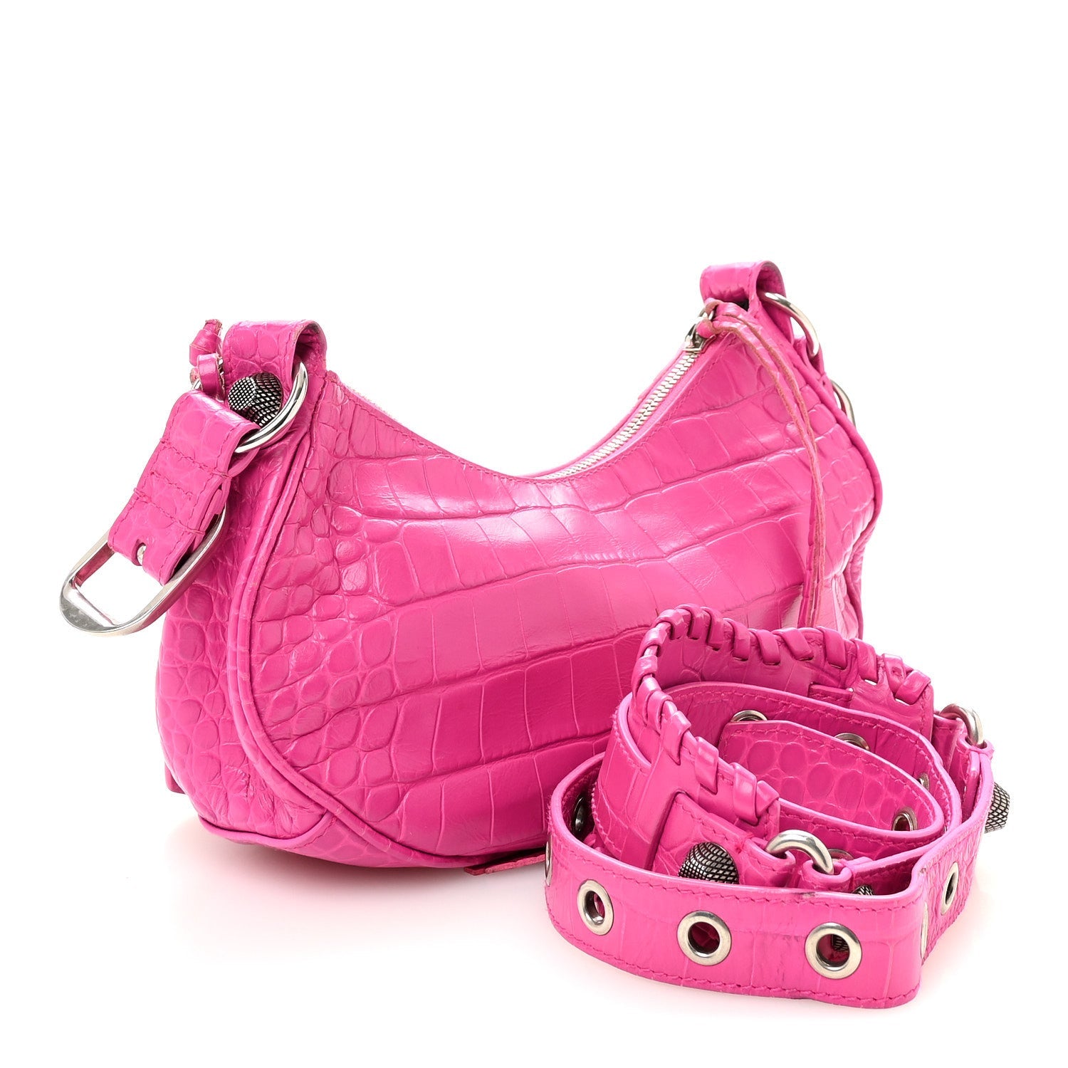Extra Supple Calfskin Crocodile Embossed XS Le Cagole Shoulder Bag Lipstick Pink