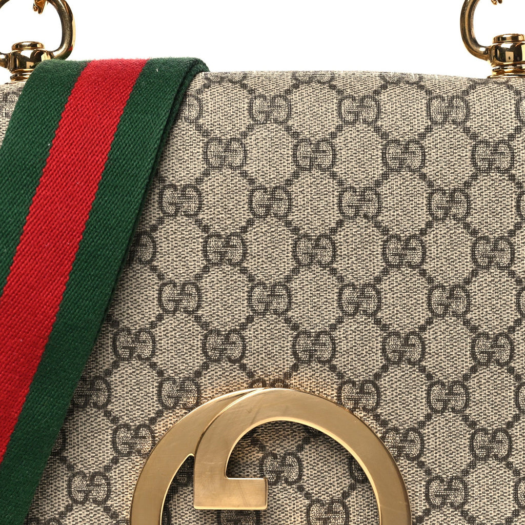 GG Supreme Monogram Textured Dollar Calfskin Web Medium Blondie Top Handle Shoulder Flap Bag Beige Ebony New Acero