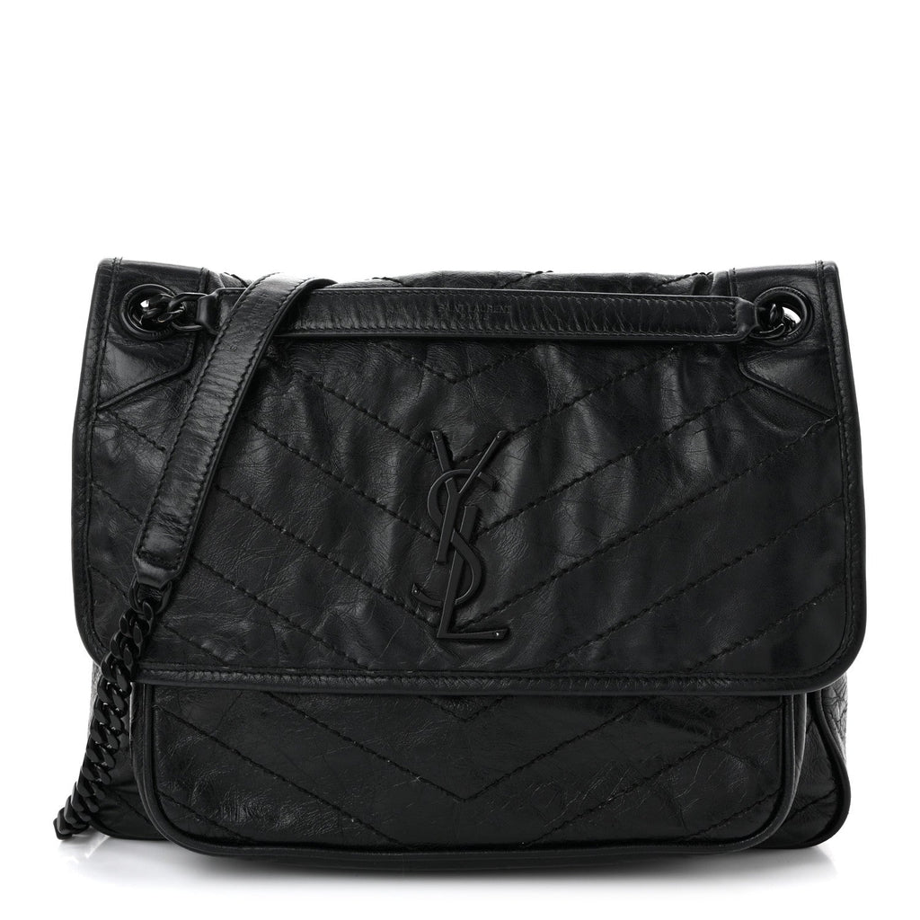 Crinkled Calfskin Matelasse Monogram Medium Niki Chain Satchel Black