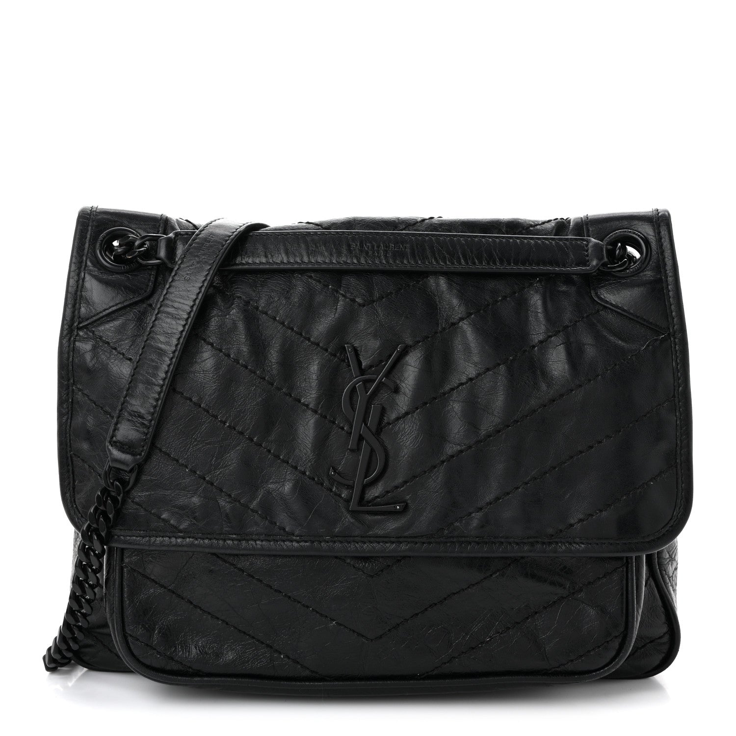 Crinkled Calfskin Matelasse Monogram Medium Niki Chain Satchel Black