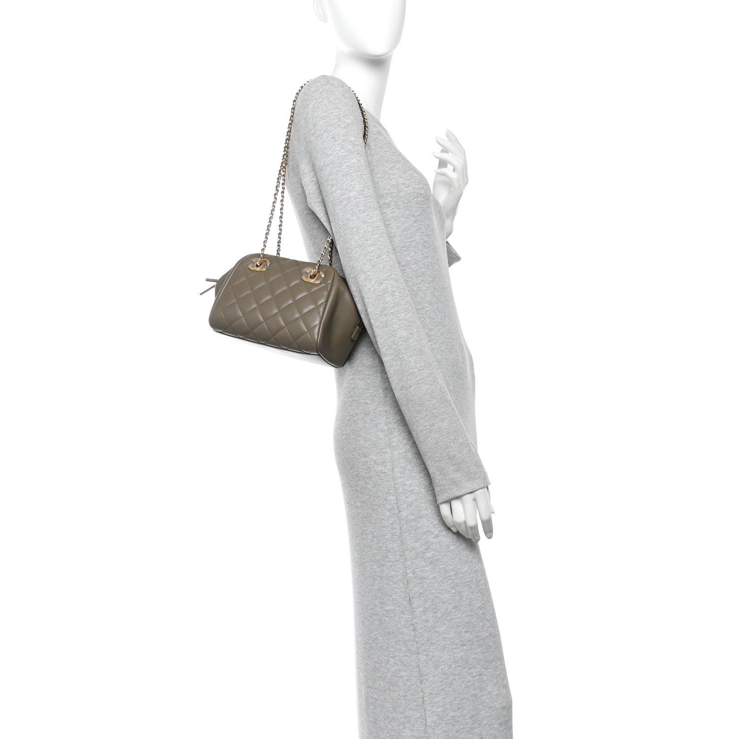 Lambskin Quilted Small CC Bowling Bag Dark Khaki