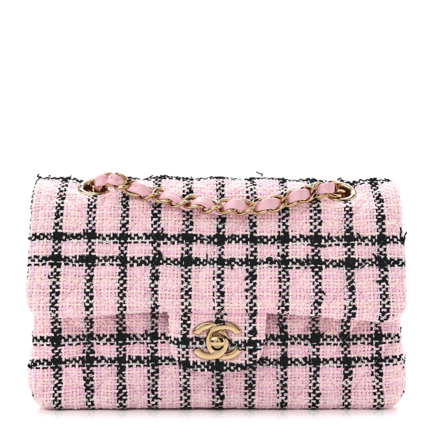 Tweed Quilted Small Double Flap Pink Black