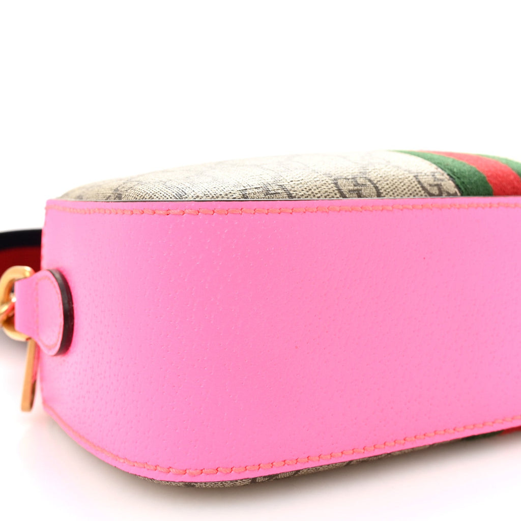 GG Supreme Monogram Textured Dollar Calfskin Web Ophidia Small Crossbody Bag Beige Ebony Fuchsia