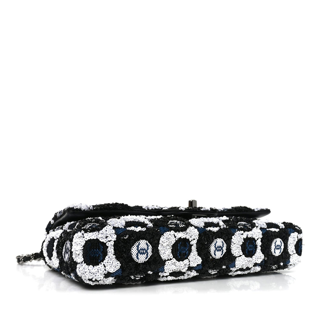 Satin Sequin Embellished Flower East West Flap Black White Blue