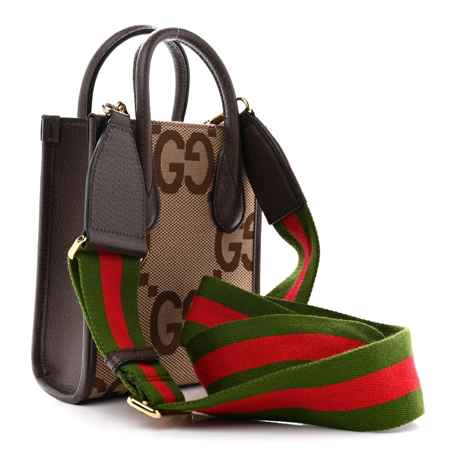 Monogram Jumbo GG Textured Dollar Calfskin Web Mini Vertical Tote Camel Ebony New Acero