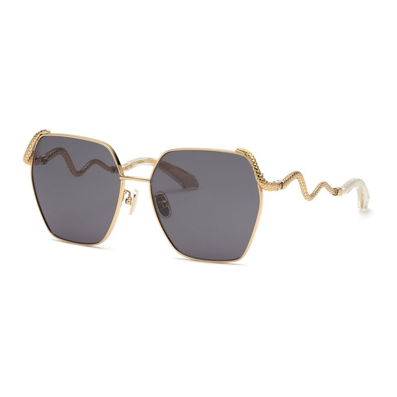 Roberto Cavalli Sunglasses Geometric Full Rim, Shiny Rose Gold Frame and Purple Grey Lens SRC035M0300
