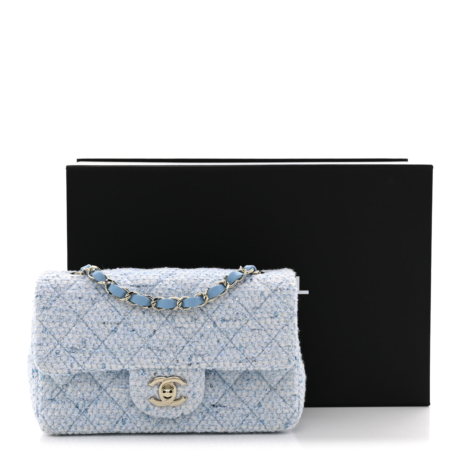 Tweed Quilted Mini Rectangular Flap Blue White Silver
