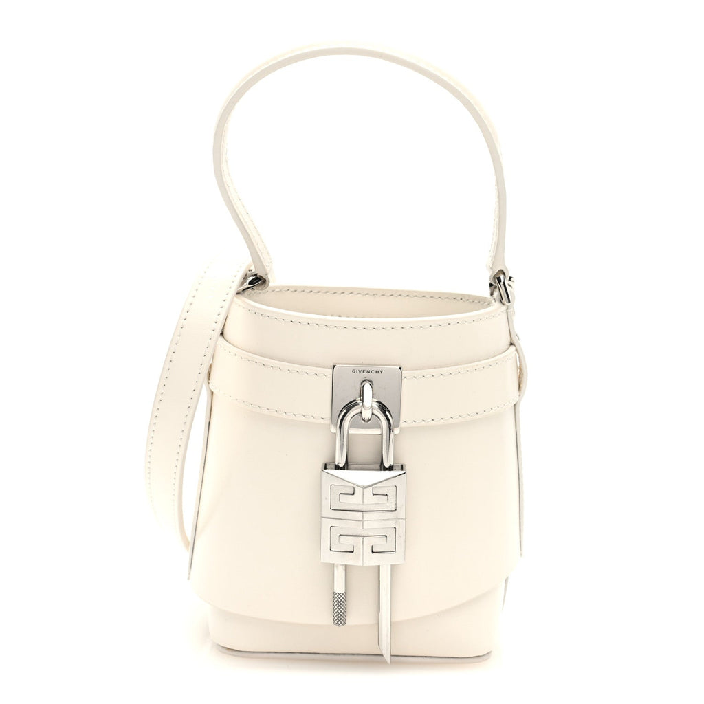 Box Calfskin Micro Shark Lock Bucket Bag White