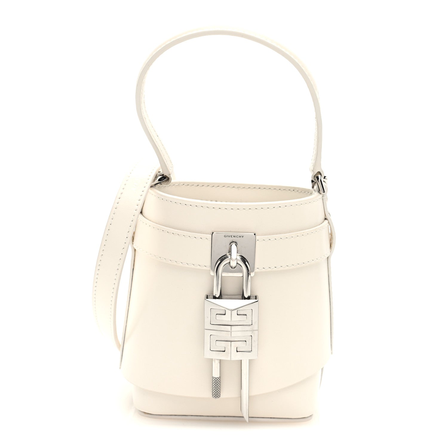 Box Calfskin Micro Shark Lock Bucket Bag White