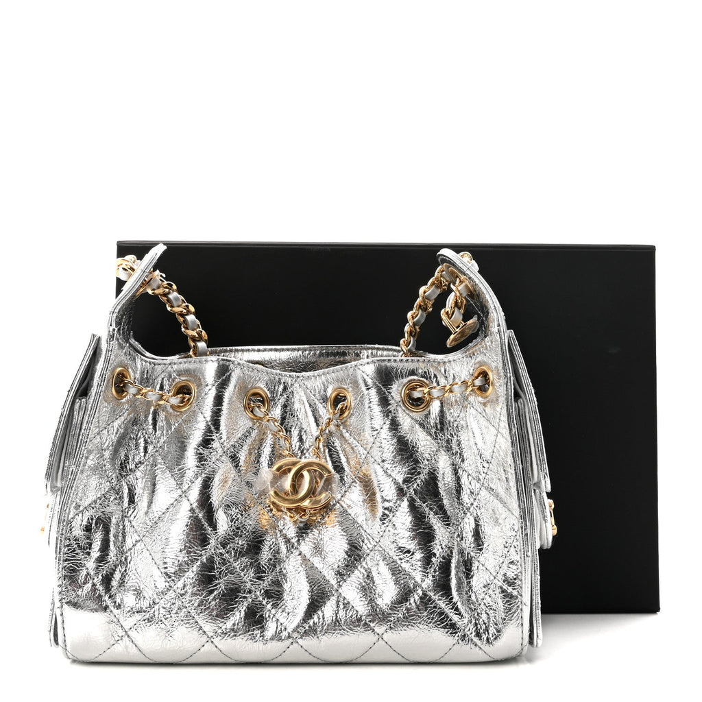 Metallic Aged Calfskin Quilted Mini Chanel 25 Handbag Silver