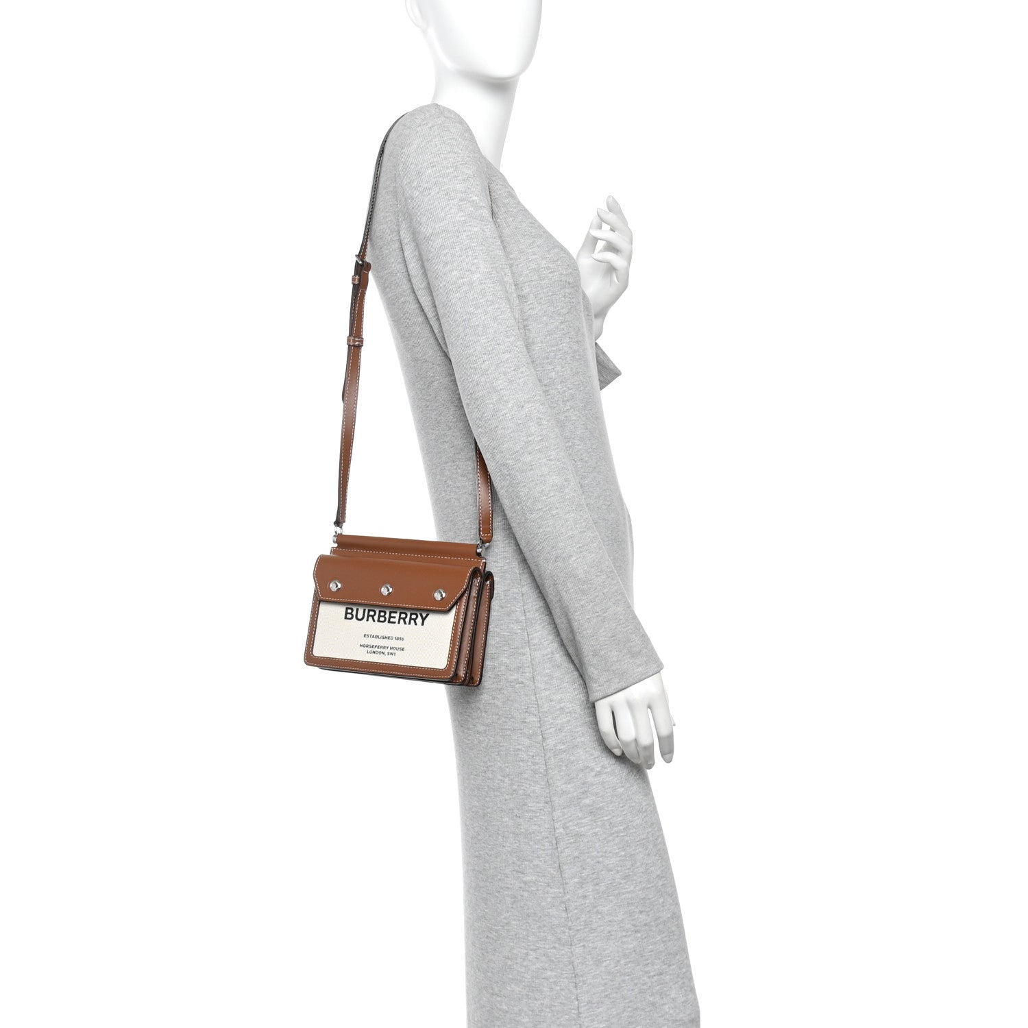 Smooth Calfskin Canvas Horseferry Print Mini Title Bag with Pocket Natural Malt Brown
