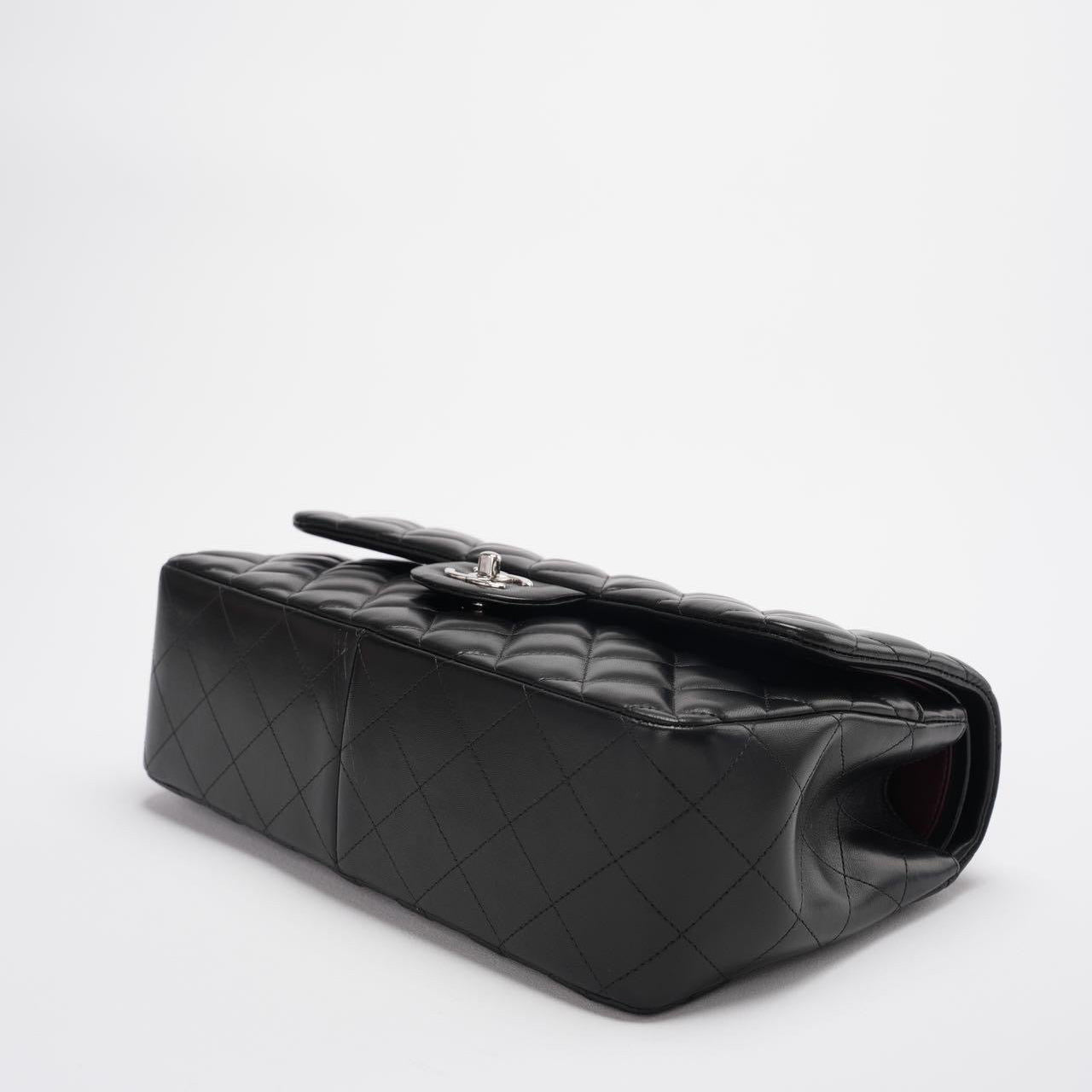 Chanel Classic Flap Bag Lambskin Black Bag Jumbo in Silver Hardware