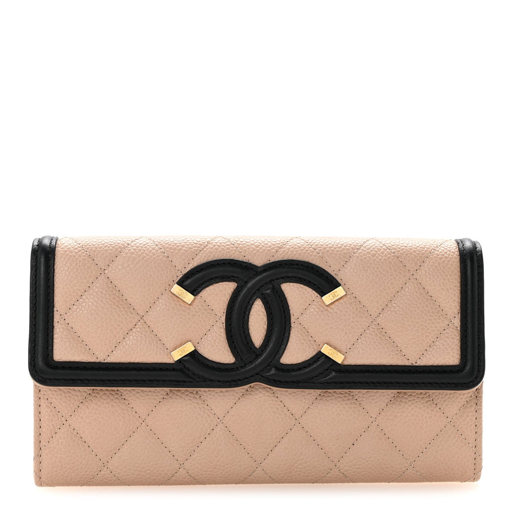 Caviar Quilted Filigree Large Gusset Flap Wallet Beige Black
