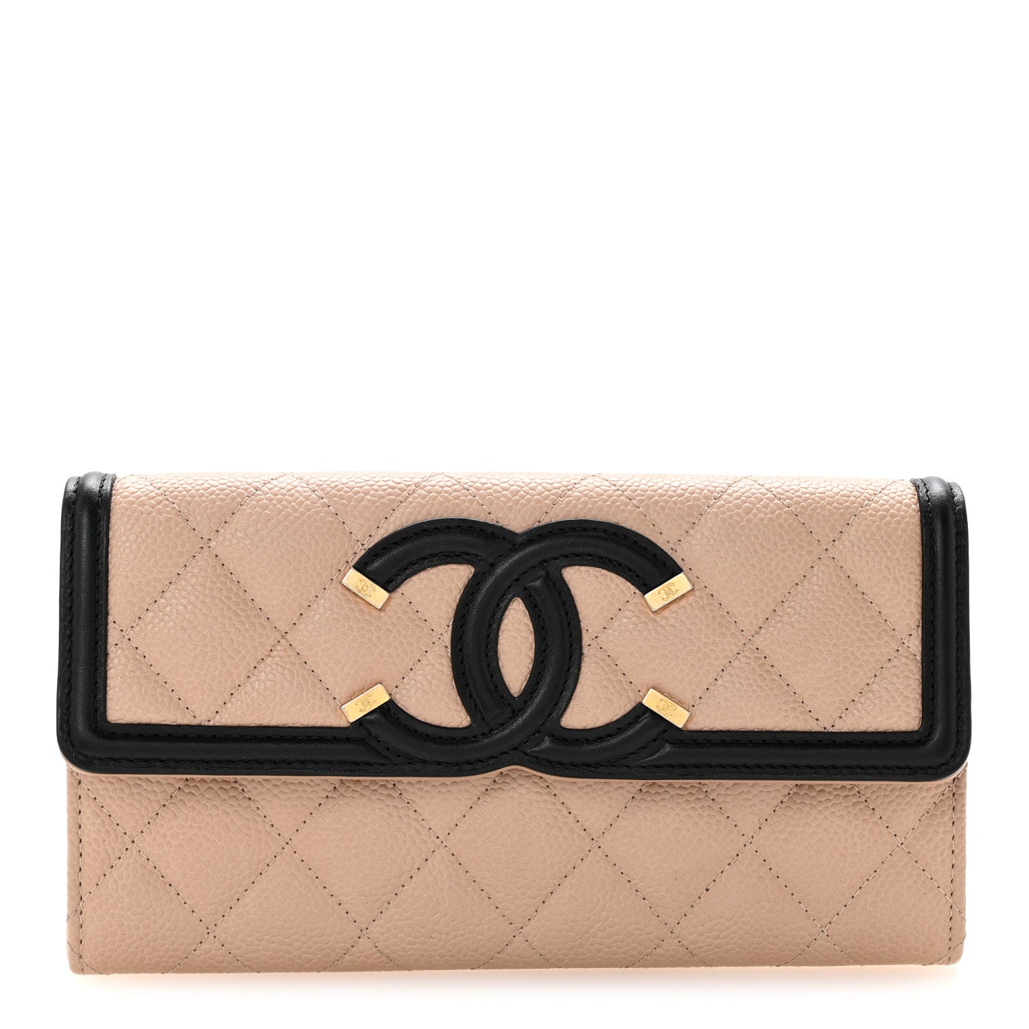 Caviar Quilted Filigree Large Gusset Flap Wallet Beige Black