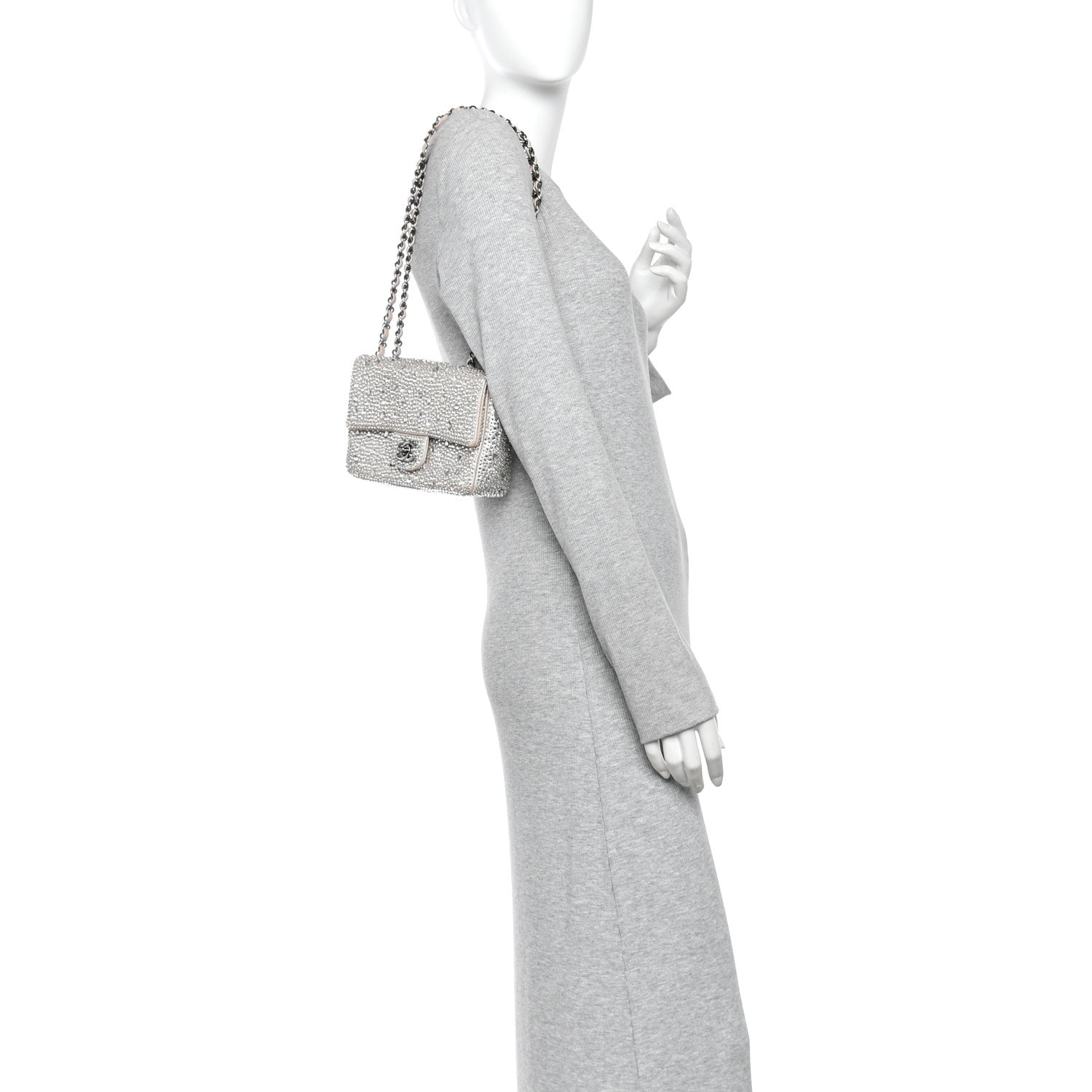 Suede Calfskin Crystal Mini Flap Silver