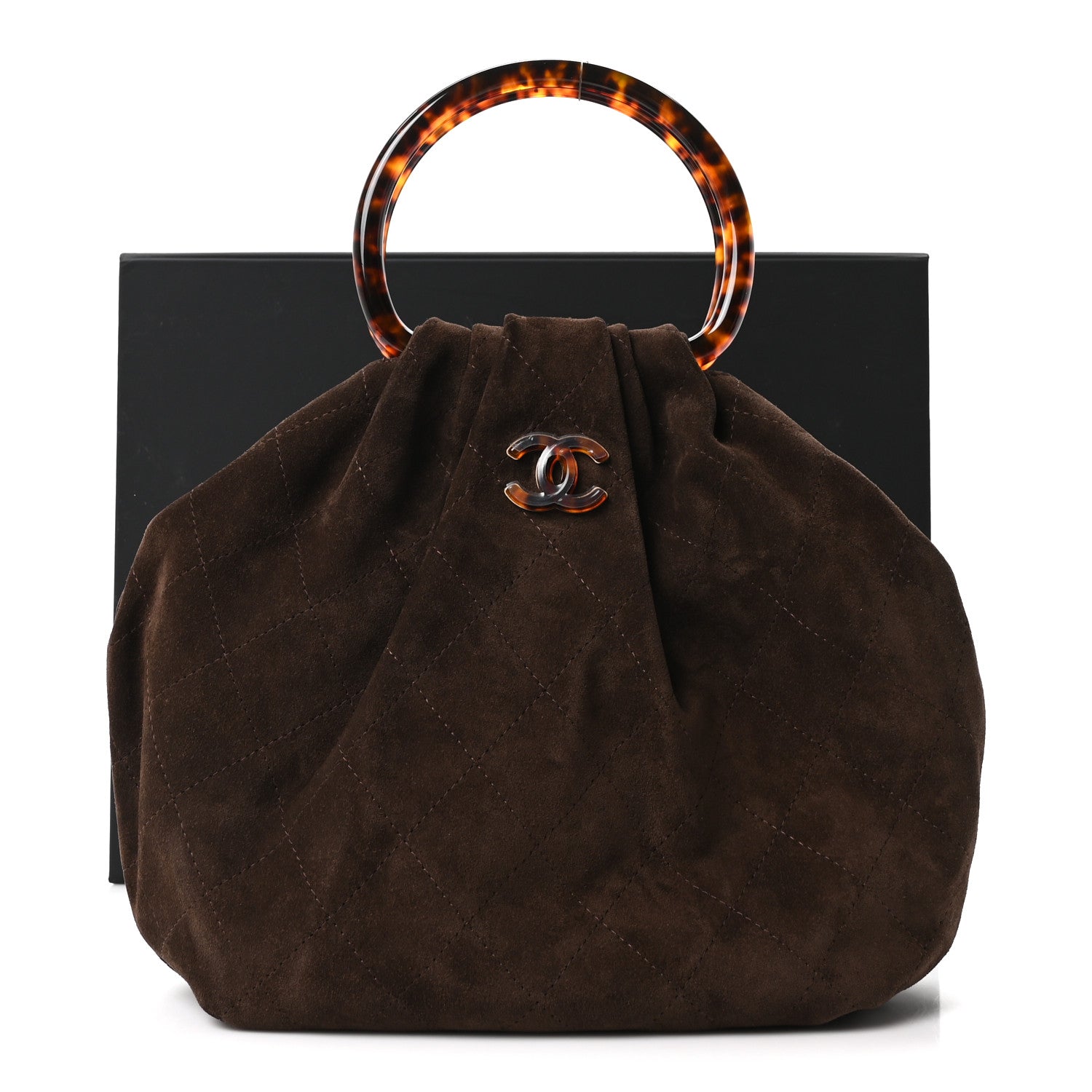 Suede Calfskin Plexiglass Tortoise Shell Quilted Pouch Dark Brown
