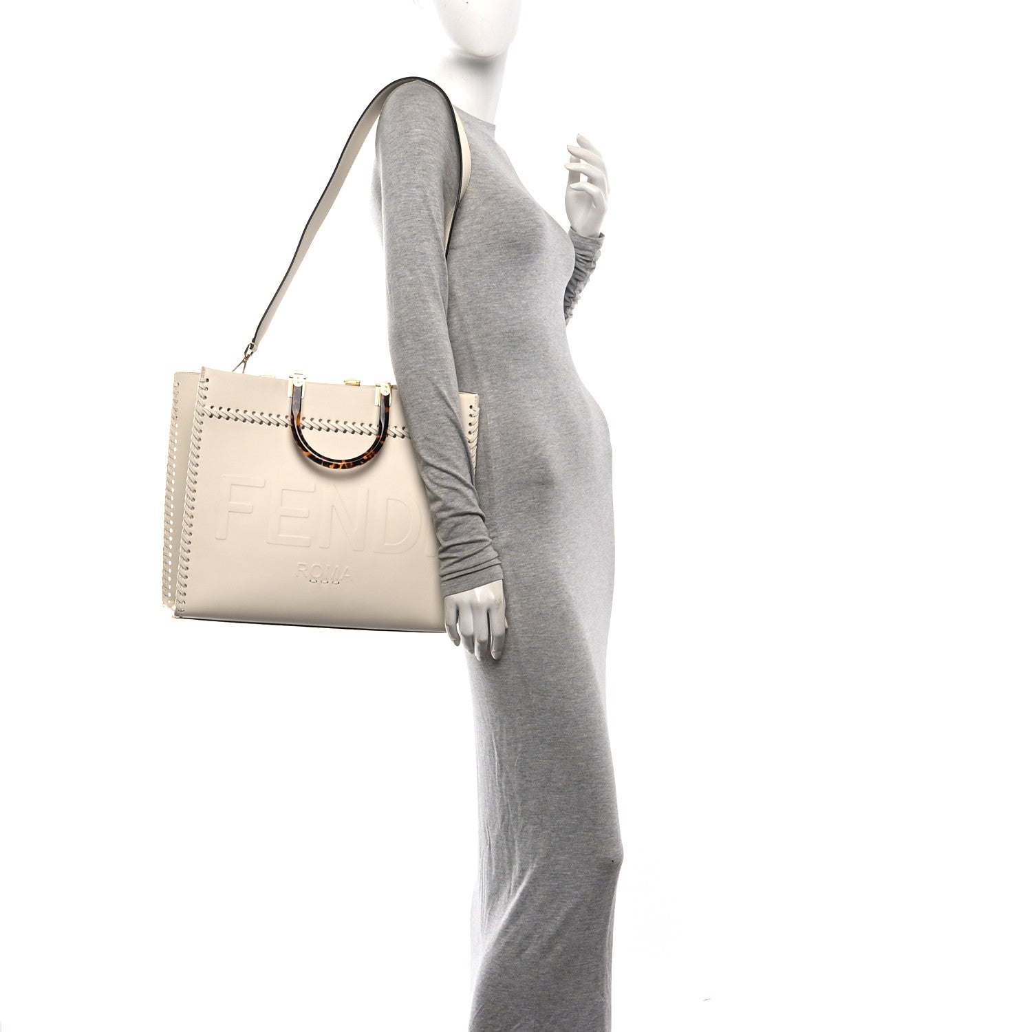 Vitello King Ceylon Plexiglass Woven Logo Debossed Medium Fendi Sunshine Shopper Tote White Ice
