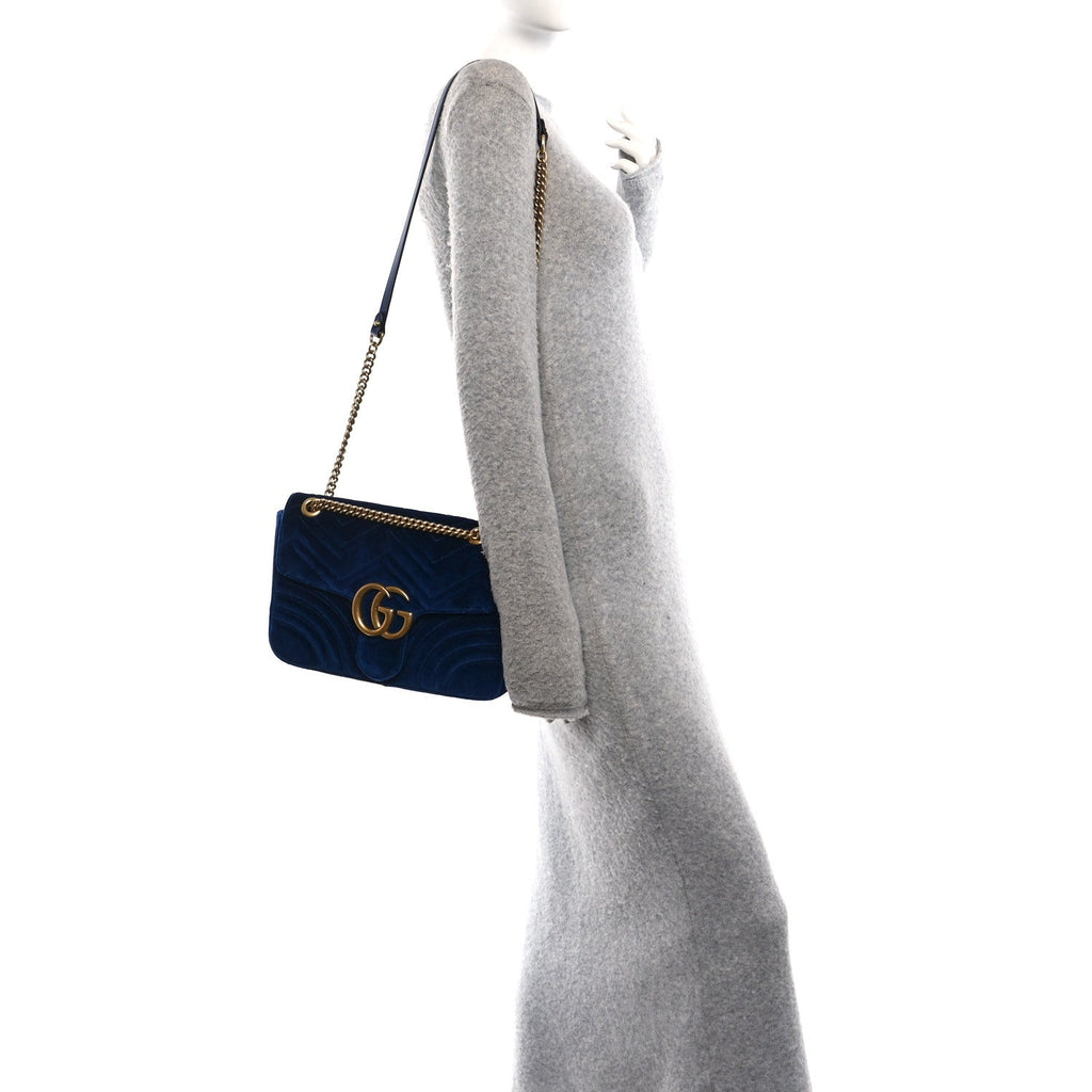 Velvet Matelasse Medium GG Marmont Shoulder Bag Cobalt Blue