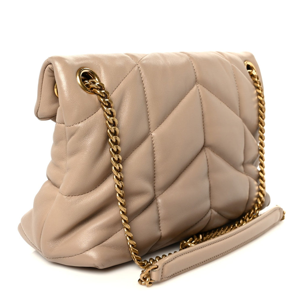 Lambskin Quilted Small Loulou Puffer Monogram Chain Satchel Dark Beige