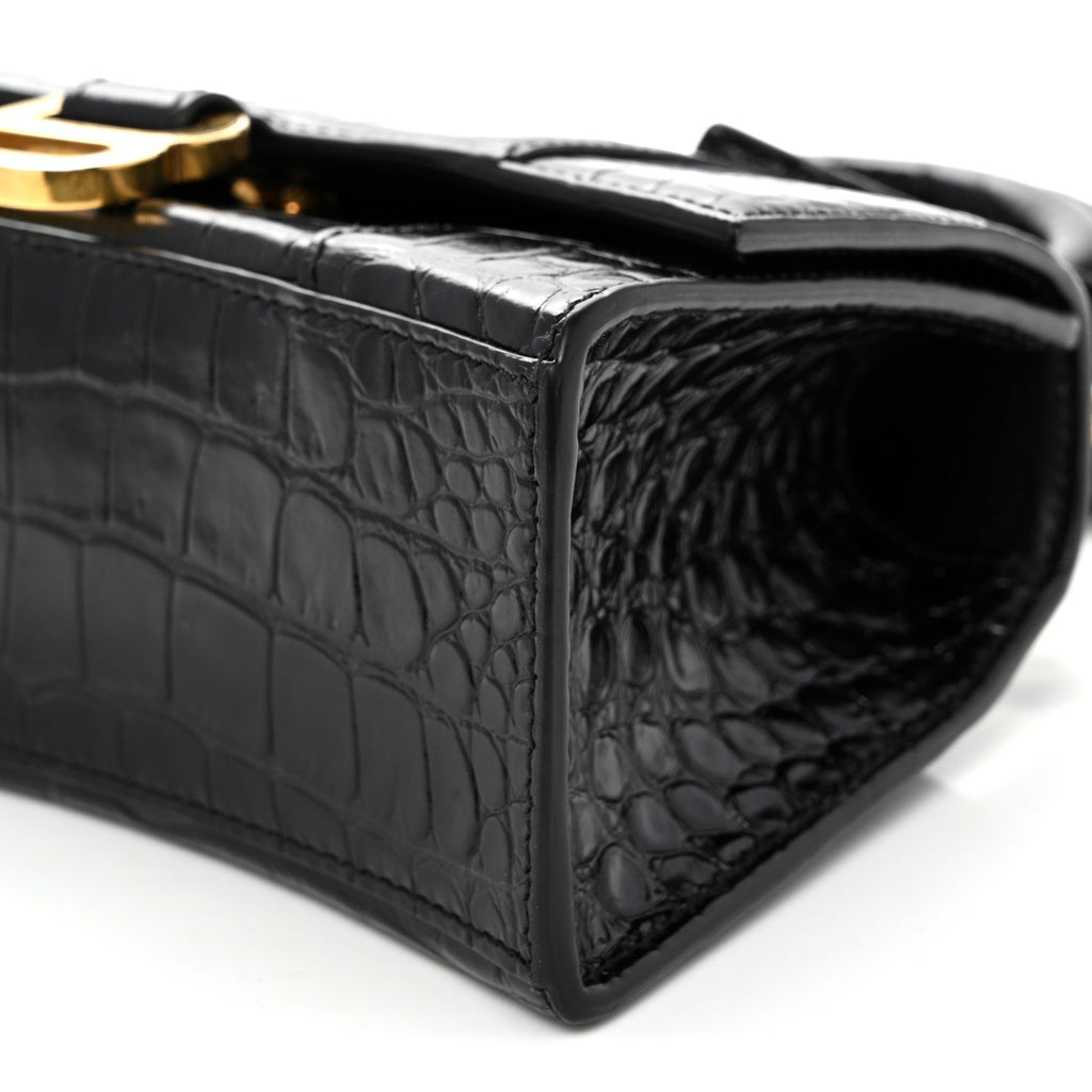 Shiny Calfskin Crocodile Embossed Hourglass Top Handle Bag XS Black