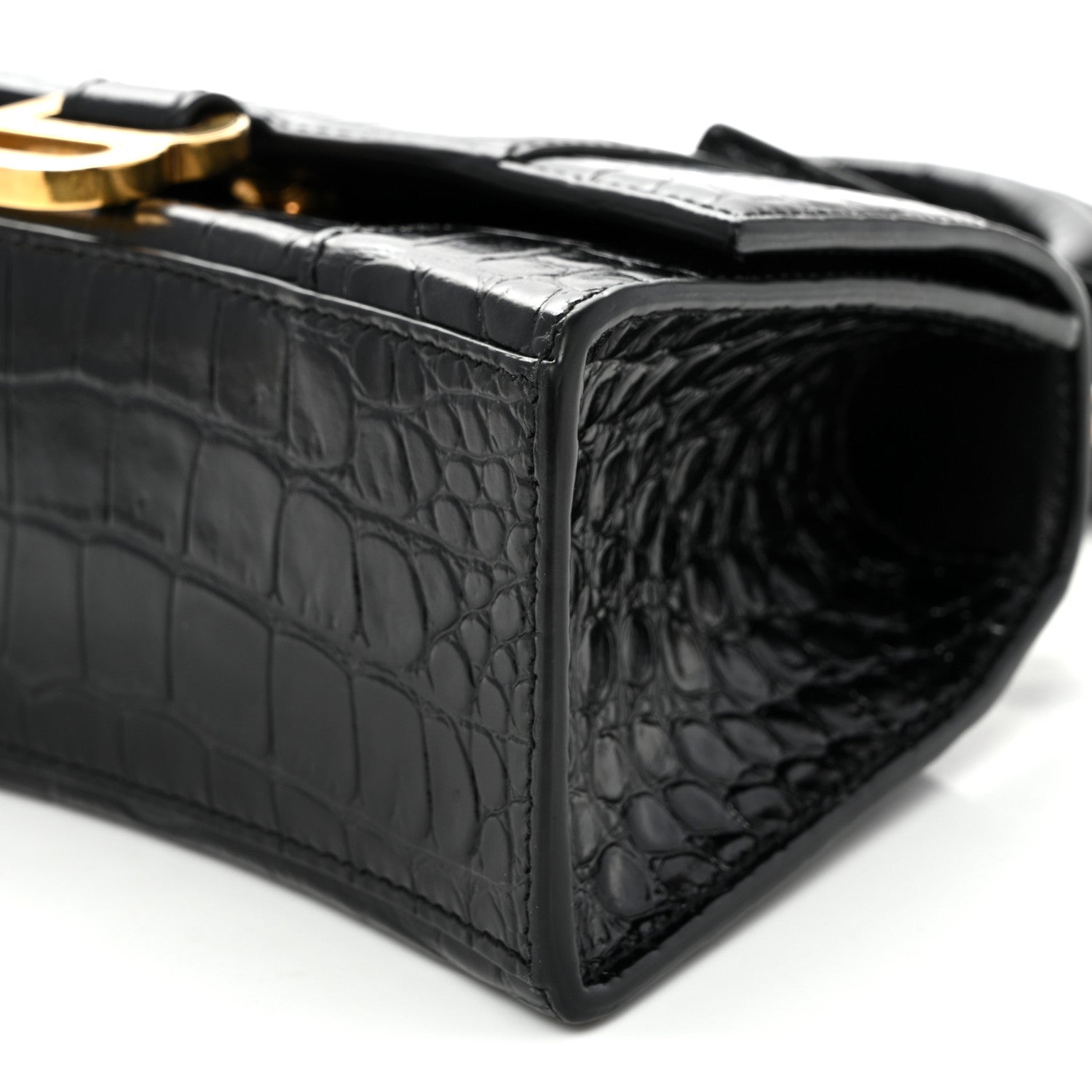 Shiny Calfskin Crocodile Embossed Hourglass Top Handle Bag XS Black