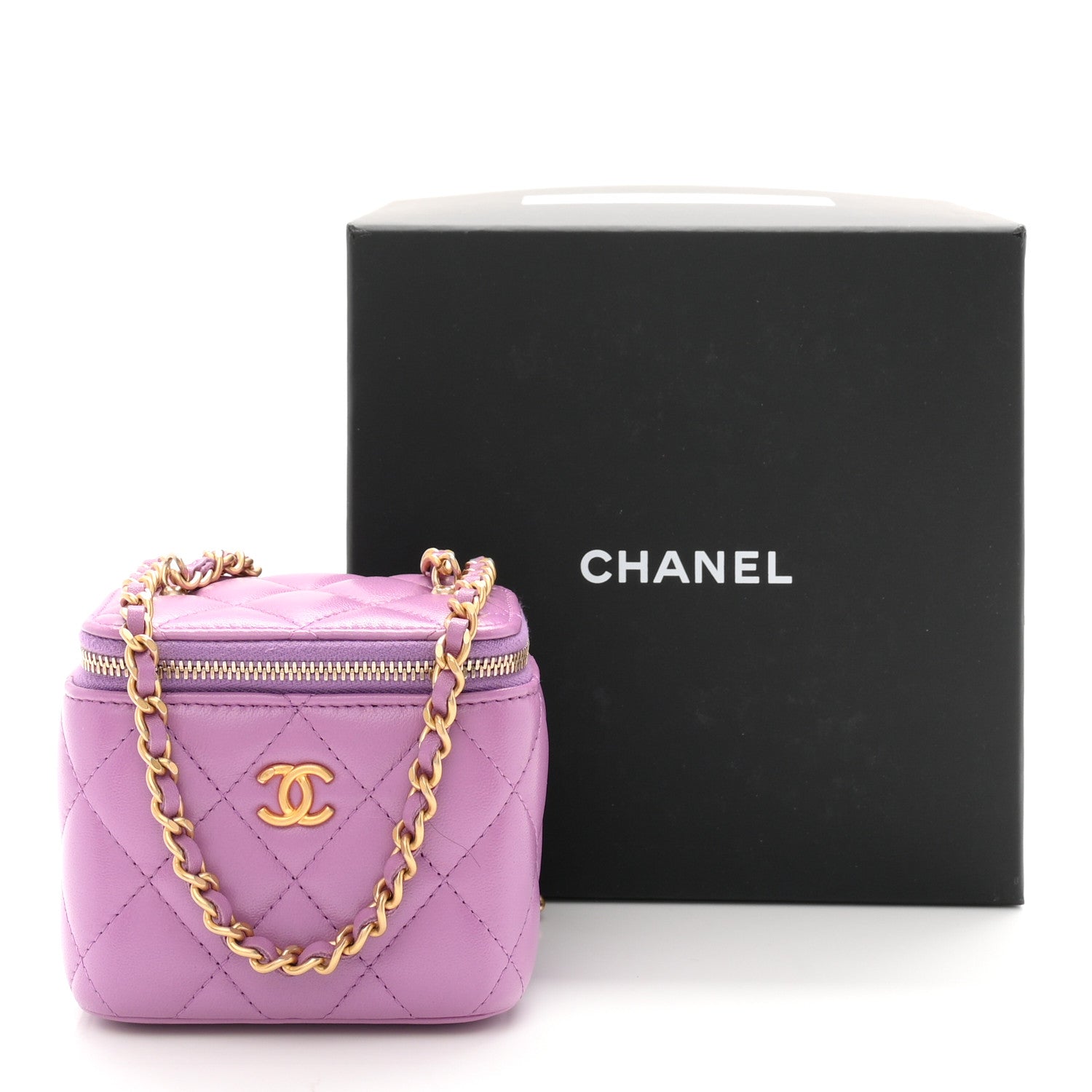 Lambskin Quilted Pearl Crush Mini Vanity Case With Chain Purple