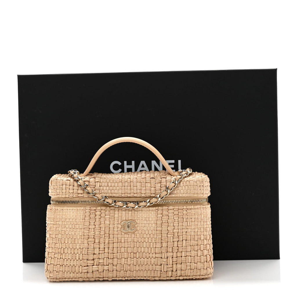 Braided Raffia Quilted Top Handle Slim Vanity Case With Chain Beige