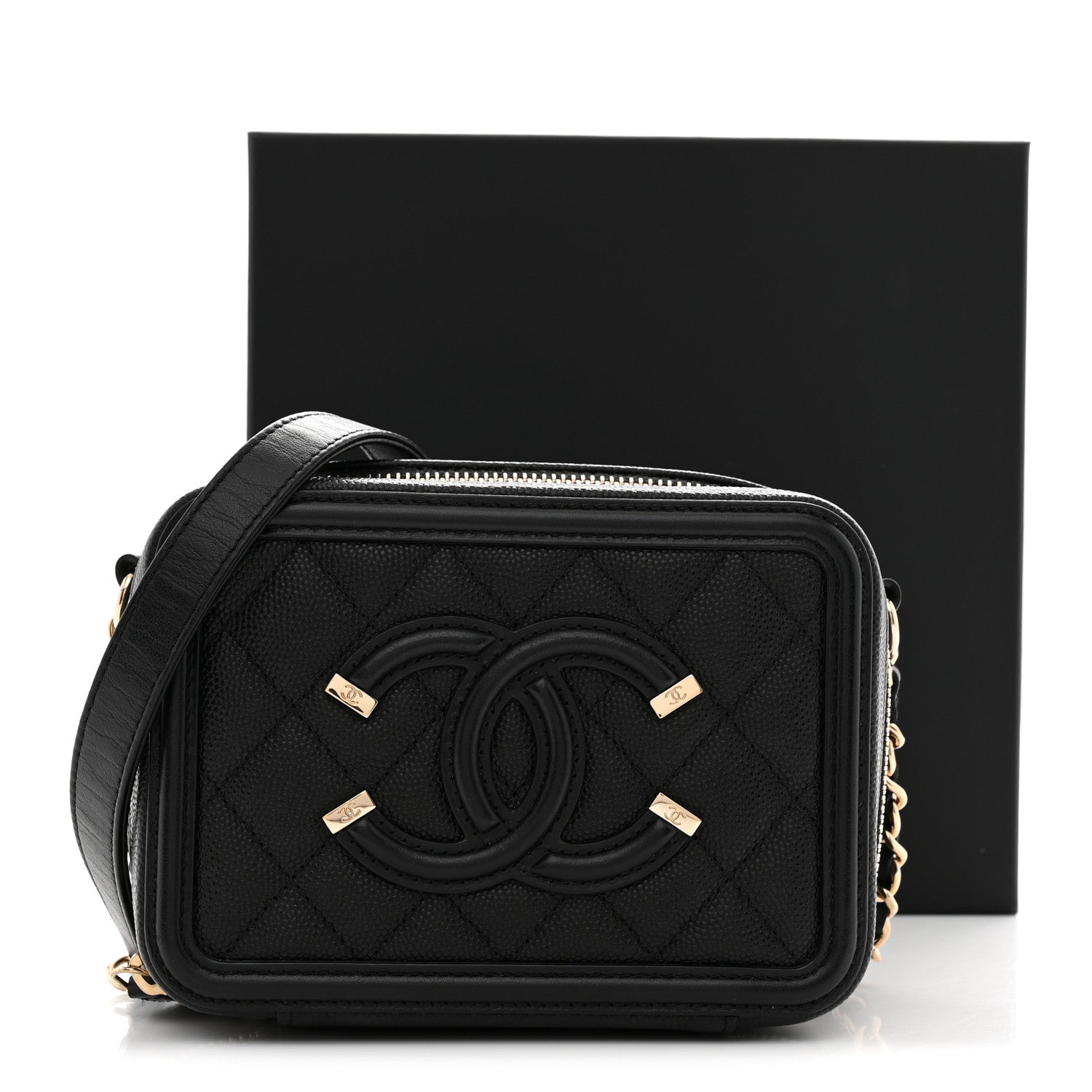 Caviar Quilted CC Filigree Vanity Clutch With Chain Black