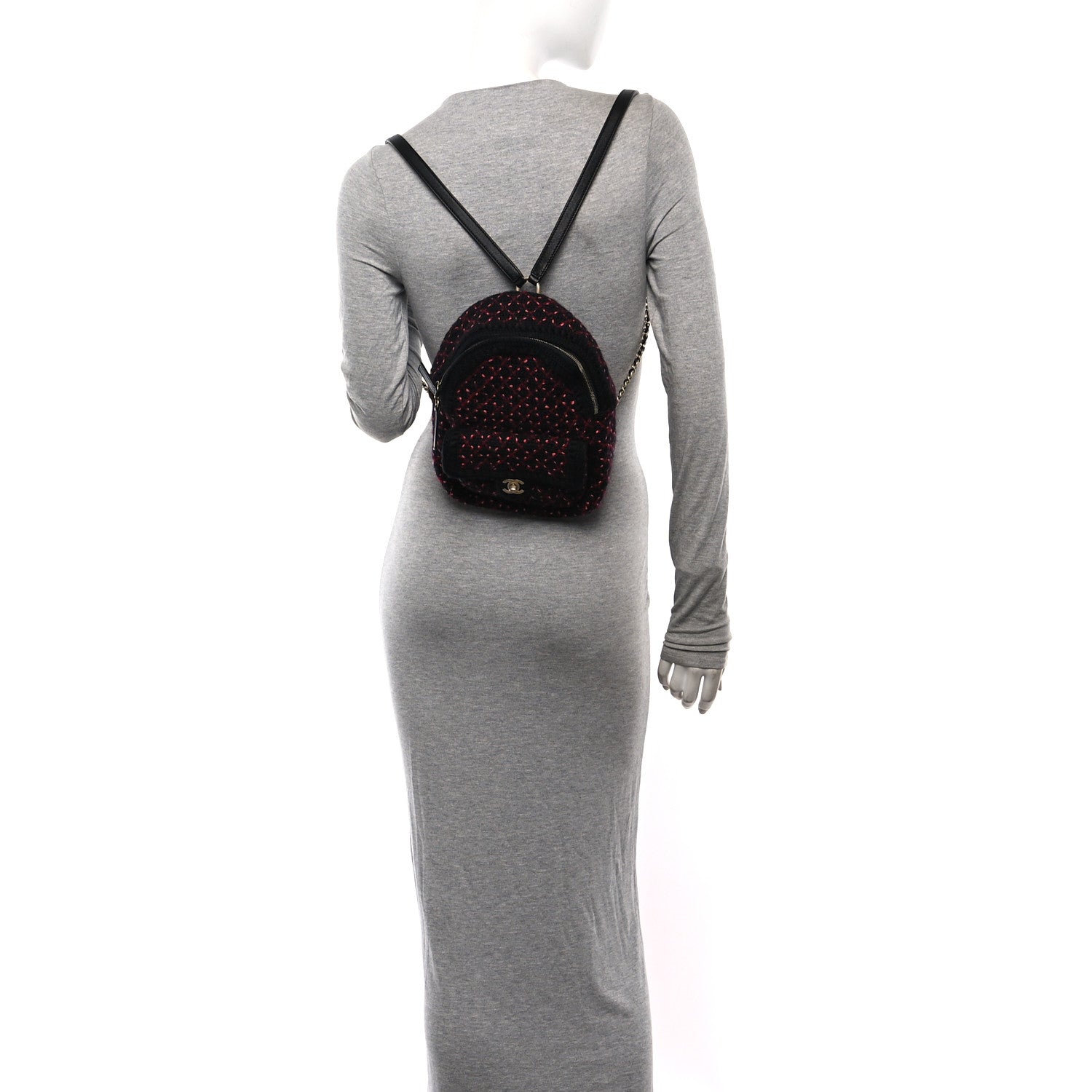 Tweed Front Pocket Backpack Black Pink