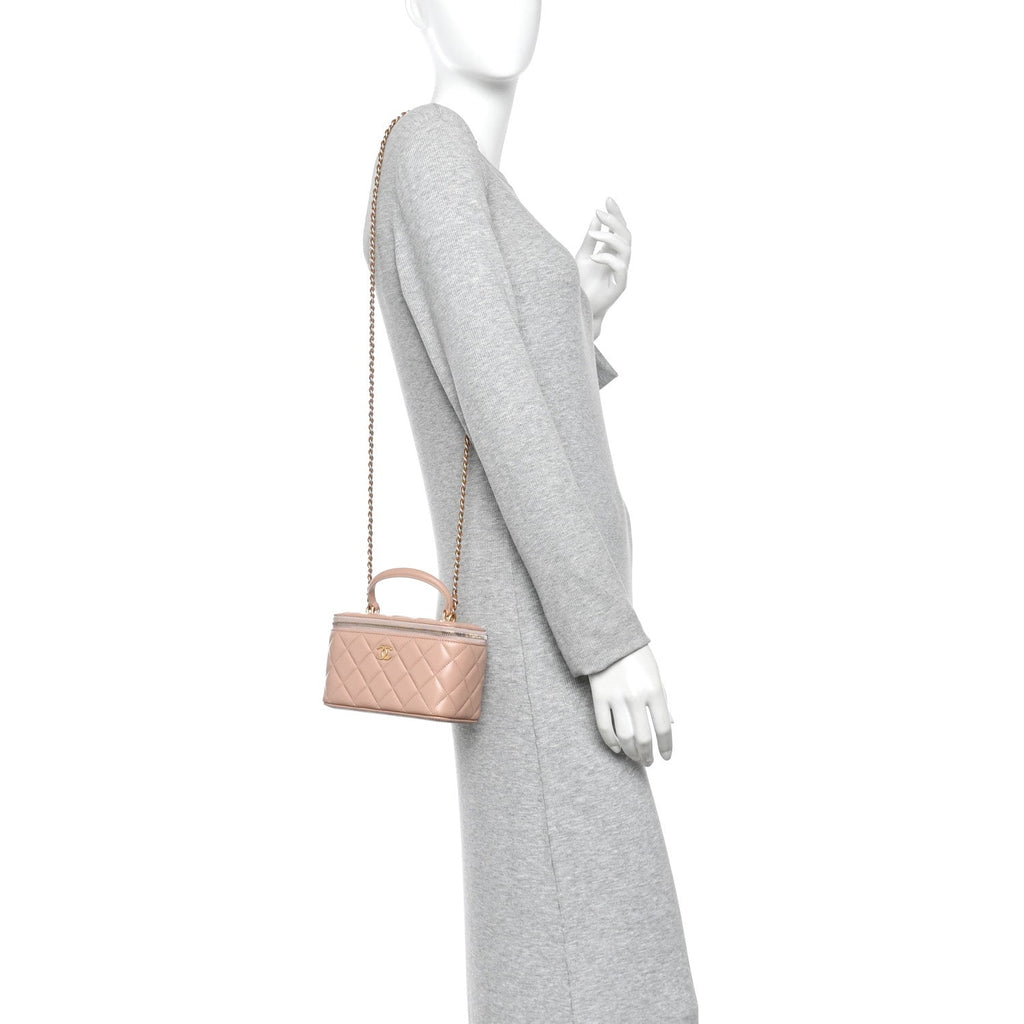 Lambskin Quilted Small Top Handle Vanity Case With Chain Beige