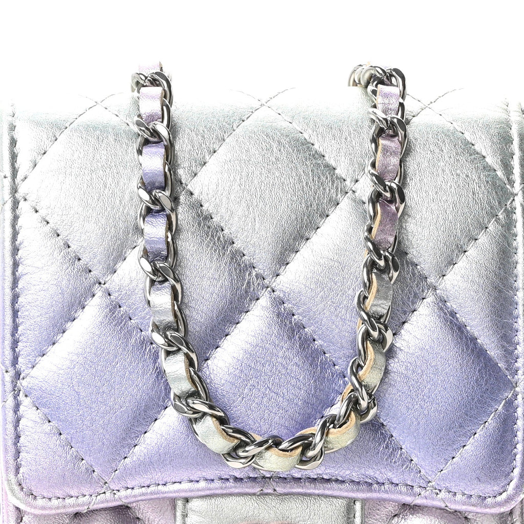 Gradient Metallic Calfskin Quilted CC Phone Holder Silver Blue Yellow Purple