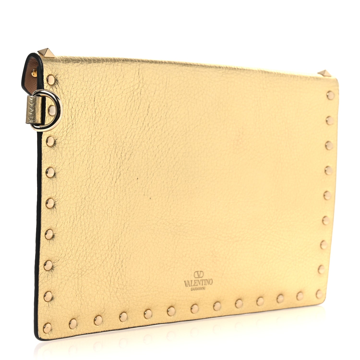 Metallic Calfskin Medium Rockstud Envelope Flat Wristlet Pouch Gold