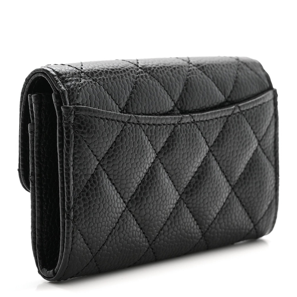 Caviar Quilted Flap Card Holder Wallet Black
