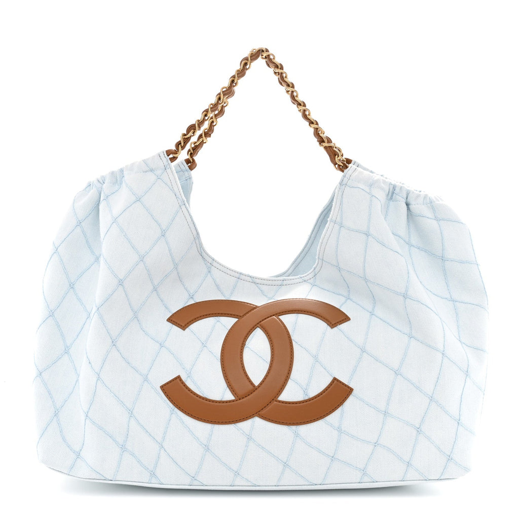 Denim Calfskin Quilted Coco Beach Small Shopping Tote Light Blue Brown