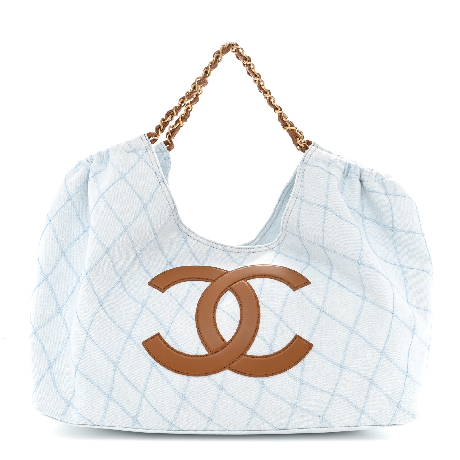 Denim Calfskin Quilted Coco Beach Small Shopping Tote Light Blue Brown